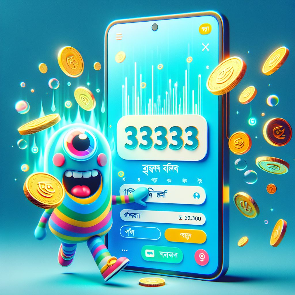 Taka3333 app themed cartoon character holding a smartphone with coins and app icons