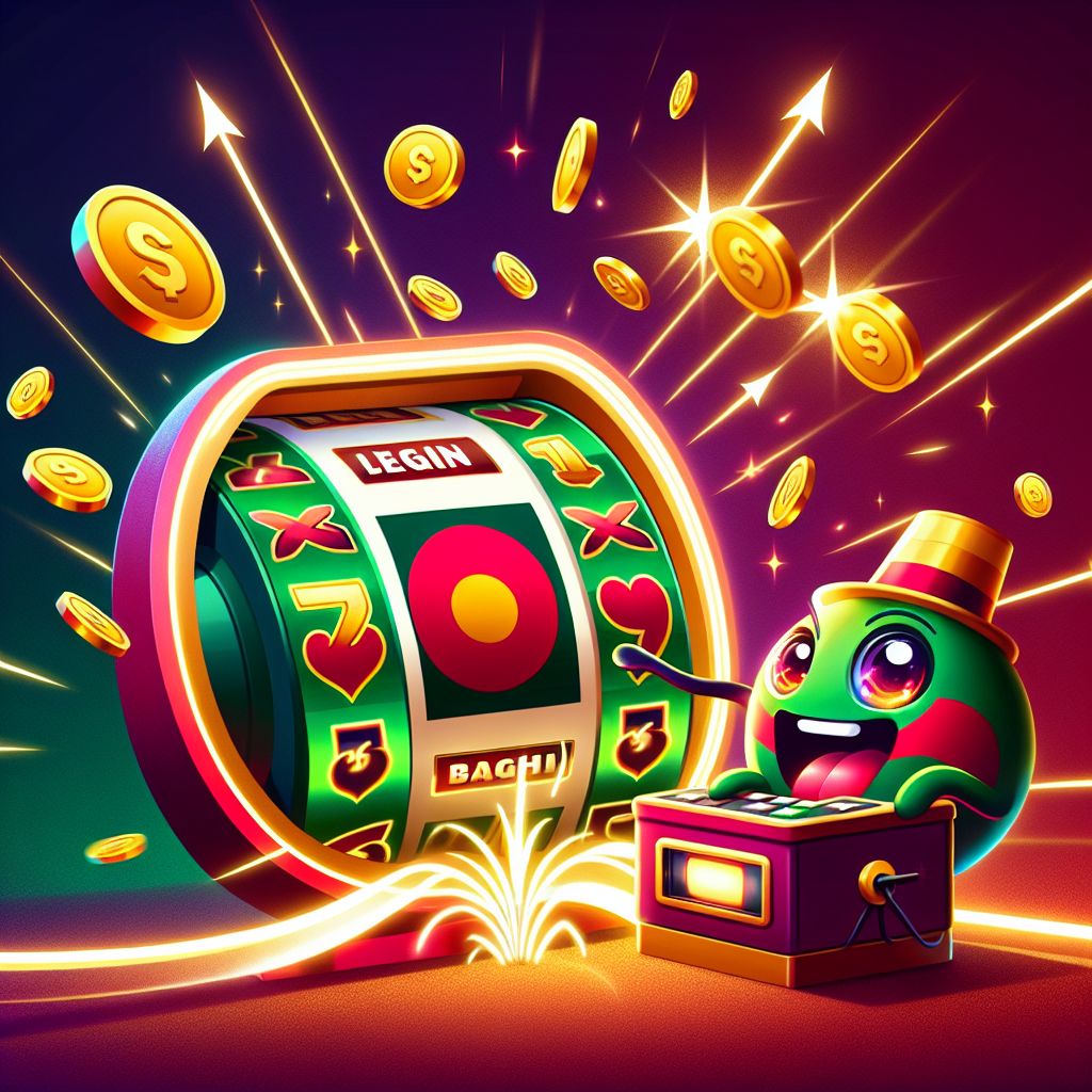 Cartoon slot spinner with coins, reels, and a winning glow in a Bangladesh-themed palette